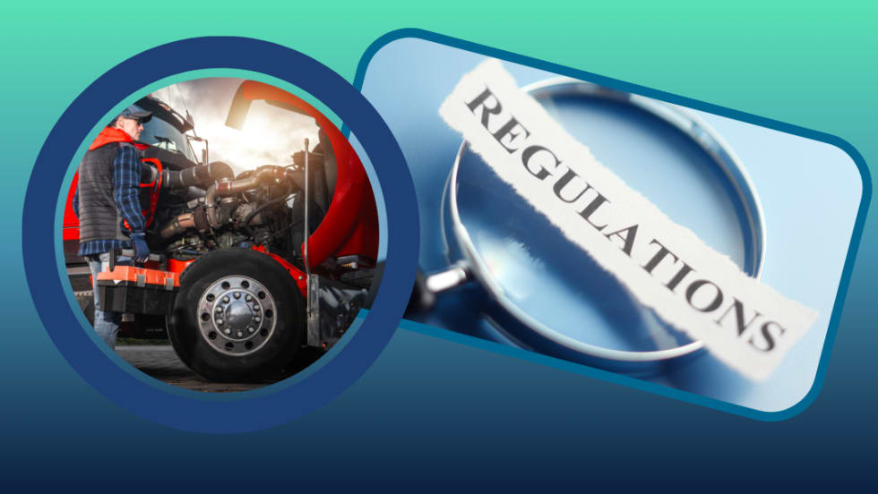 Illustration of truck owner operator and magnifying glass with the word "regulations"