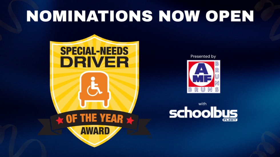driver of the year award logo against a dark blue backdrop with text that says "Nominations Now Open" and the AMF Bruns and School Bus Fleet logos