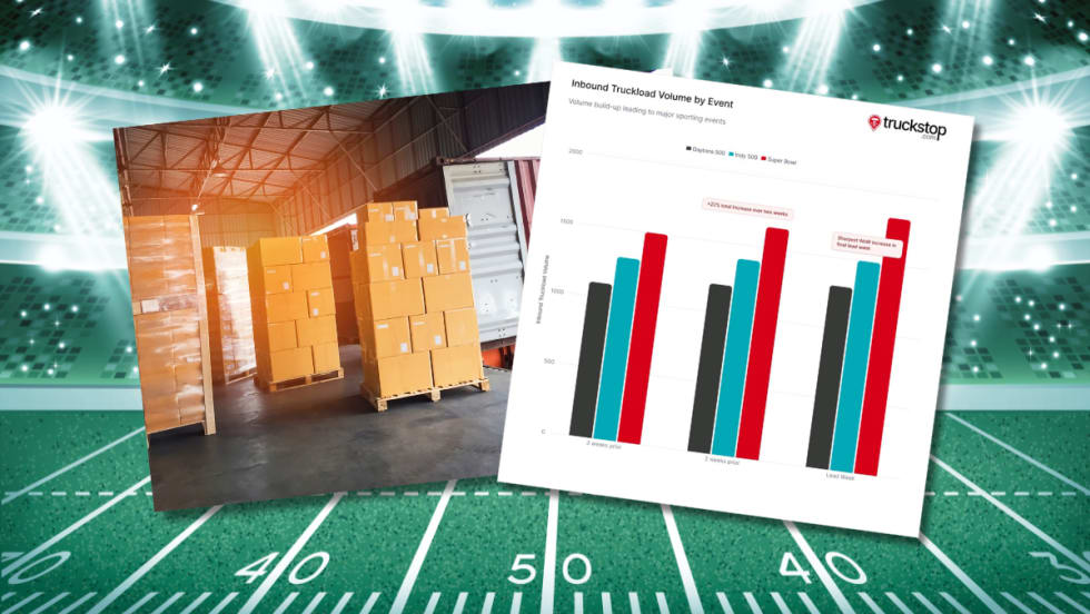 Illustration of football stadium with bar graph and freight on dock