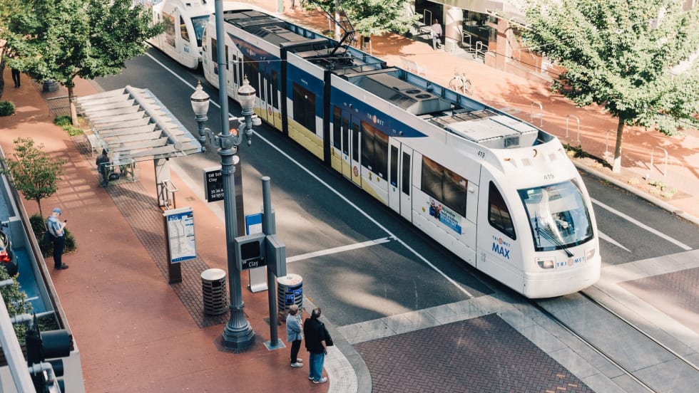A TriMet MAX Light Rail vehicle overhead shot