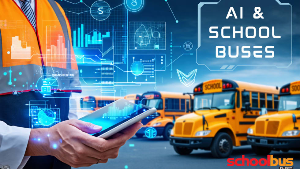 An image of a school transportation director holding a tablet, displaying data symbols overlayed, with several school buses visible in the background.