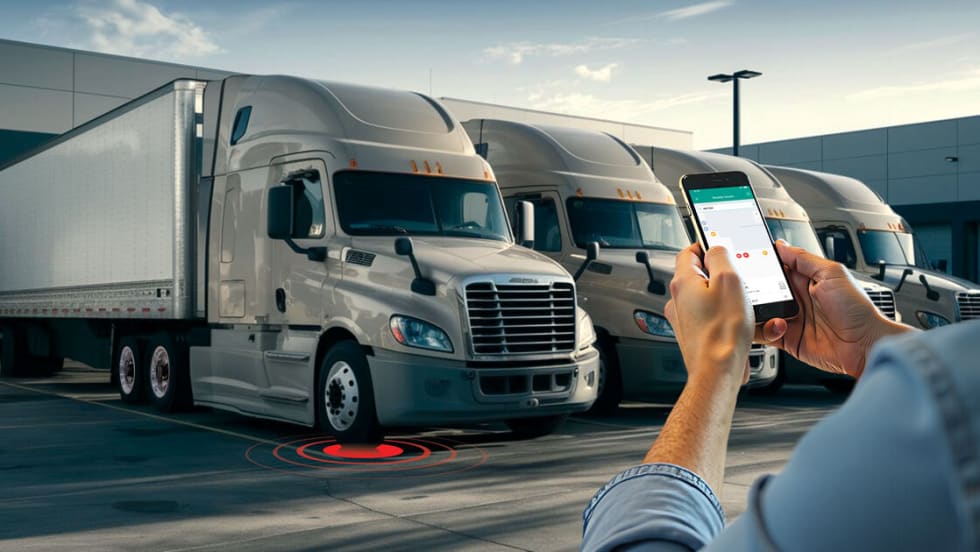Illustration of technician using Aperia app to identify truck with tire issues