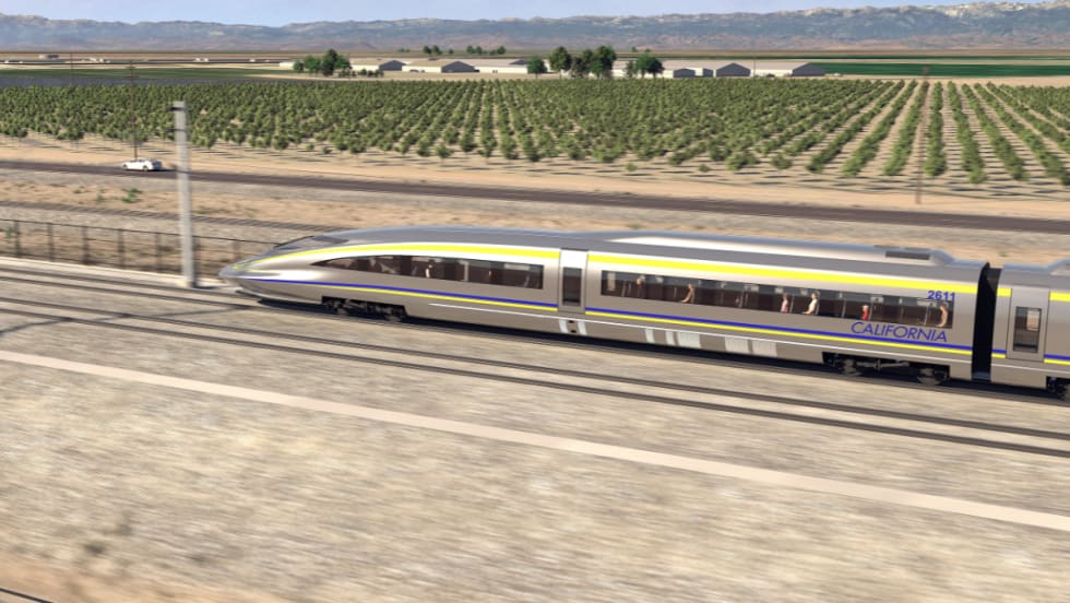 A rendering of a passenger train for California's High-Speed Rail project.