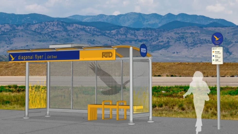 Rendering of a RTD Bus Rapid Transit service stop branded with the Diagonal Flyer design.