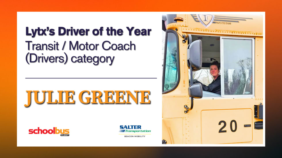 A graphic announcing Julie Green as the award winner with a picture of her in the driver's seat of a school bus.