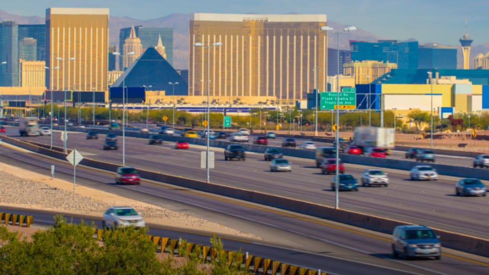 A highway with traveling cars in Las Vegas, Nevada.