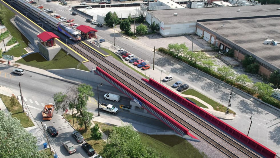 Aerial view of the new Metra Grayland Station and bridge.
