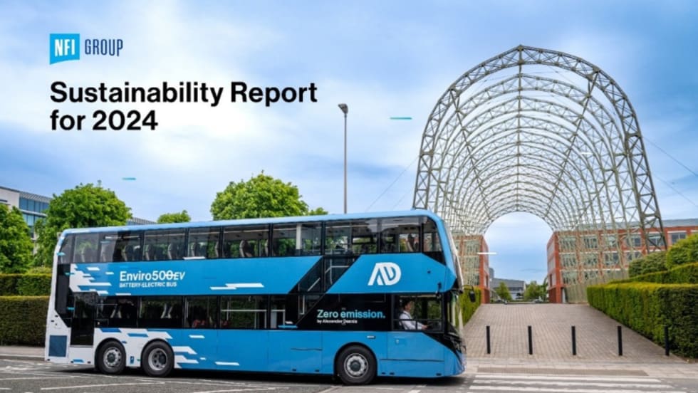A blue double-decker bus with text reading "Sustainability Report for 2024".
