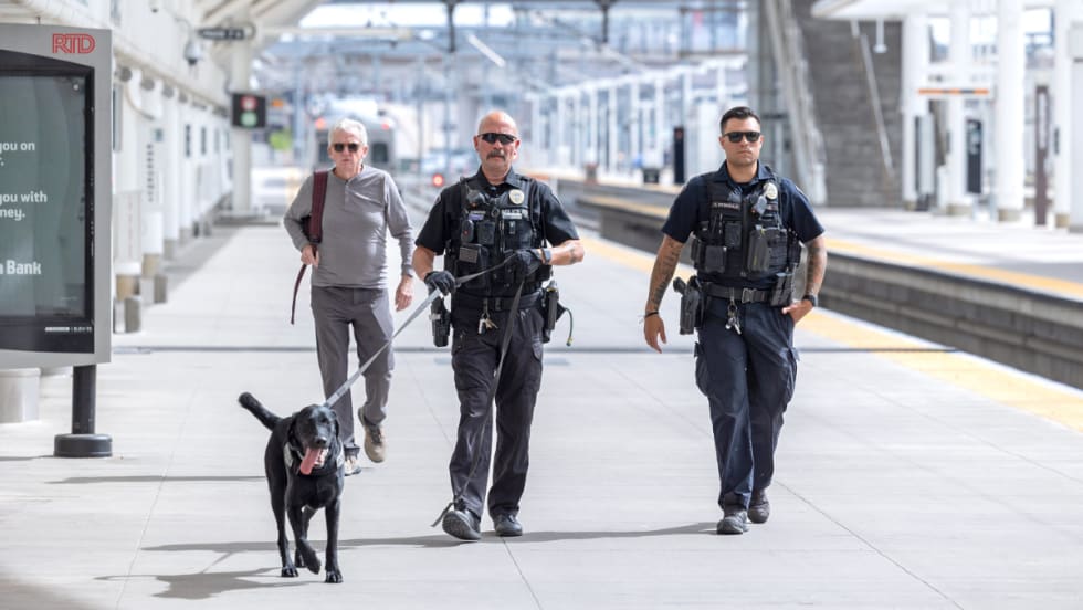 Two RTD transit police officers walk along a track with a police dog on a leash.