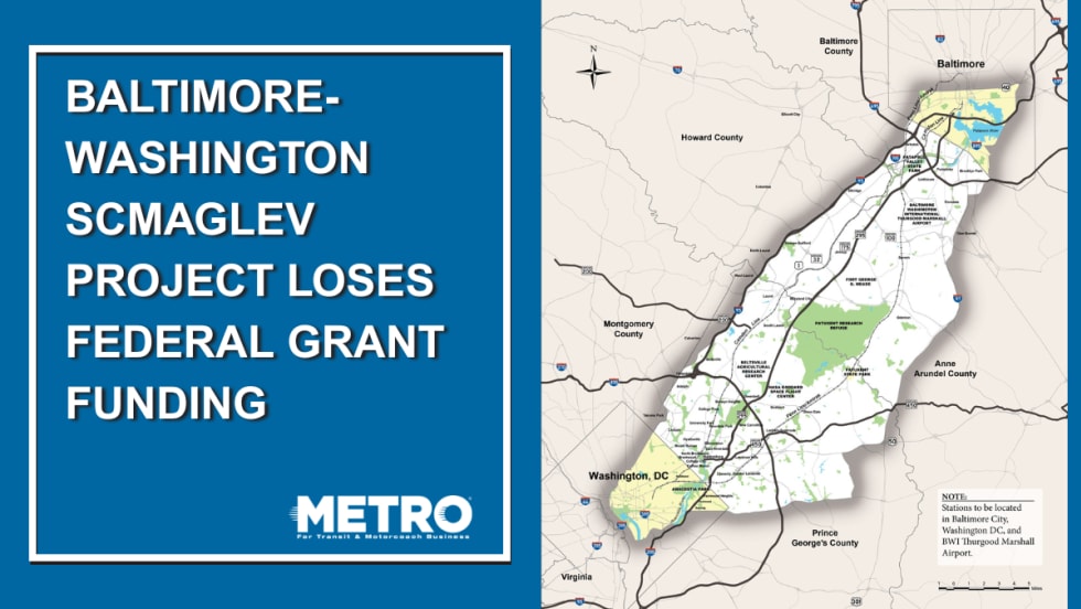 A blue and white graphic with a map of the SCMAGLEV study area in between Baltimore and Washington D.C.