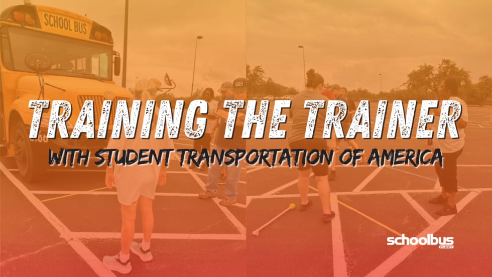Orange overlayed images of STA training and text reading "Training the Trainer With School Transportation of America."