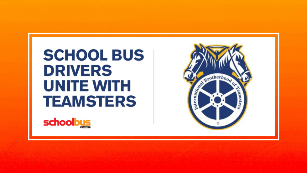 An orange and white graphic with a Teamsters logo and text reading "School Bus Drivers Unite With Teamsters."