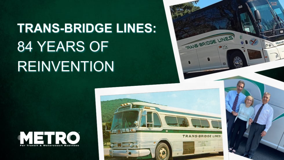 A green and white graphic with Trans-Bridge Lines historical images.