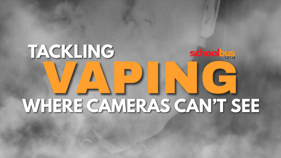 A black and gray background with smoke and text reading "Tackling Vaping Where Cameras Can't See".