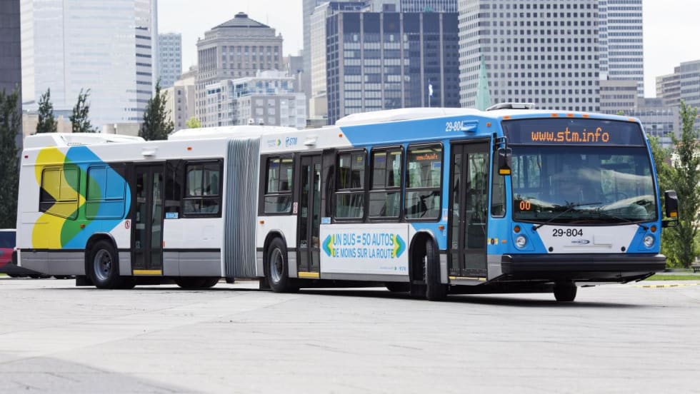 A Société de transport de Montréal articulating public transit bus.