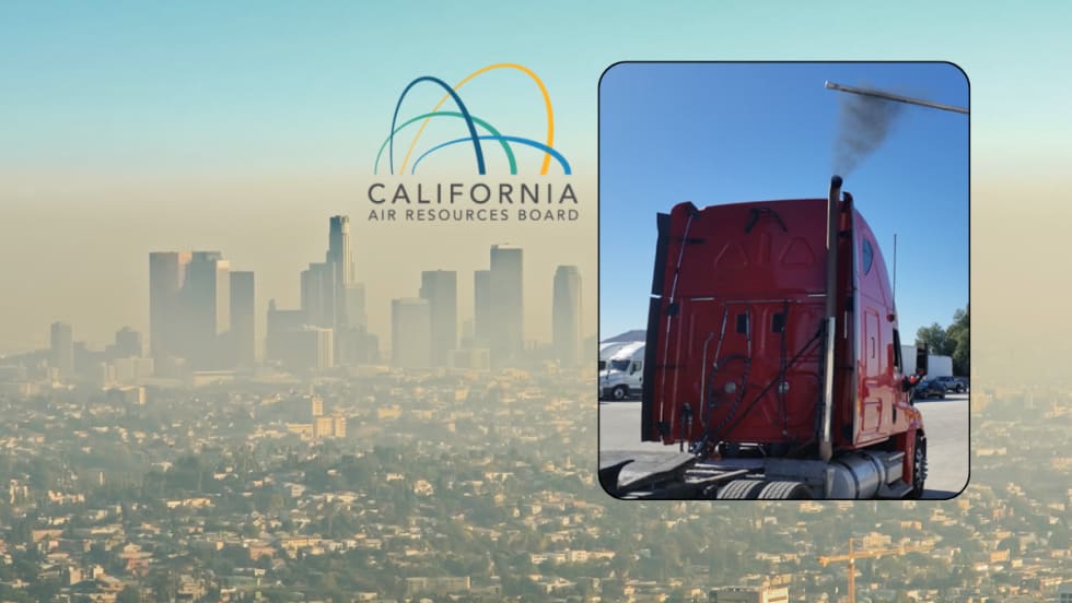 Illustration of Los Angeles smog, truck exhaust smoke, and CARB logo
