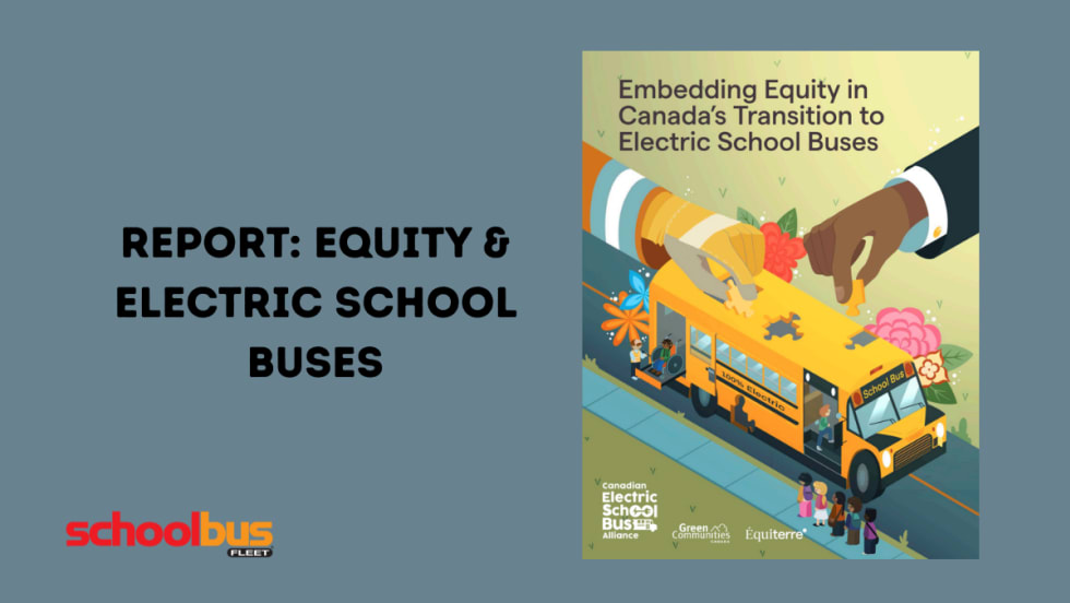 Report cover: Embedding Equity in Canada’s Transition to Electric School Buses, with illustration of hands assembling a bus.
