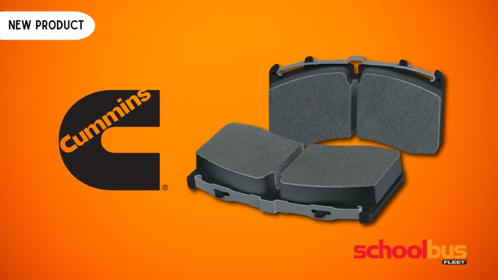 A product photo of the Meritor brake pads against an orange background and the Cummins logo