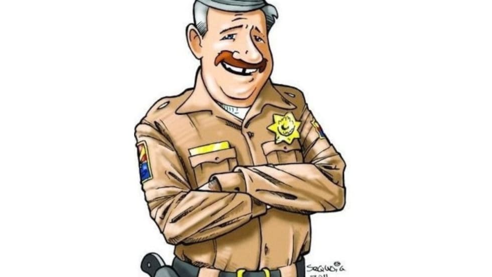 Smiling cartoon police officer in tan uniform with badge, arms crossed
