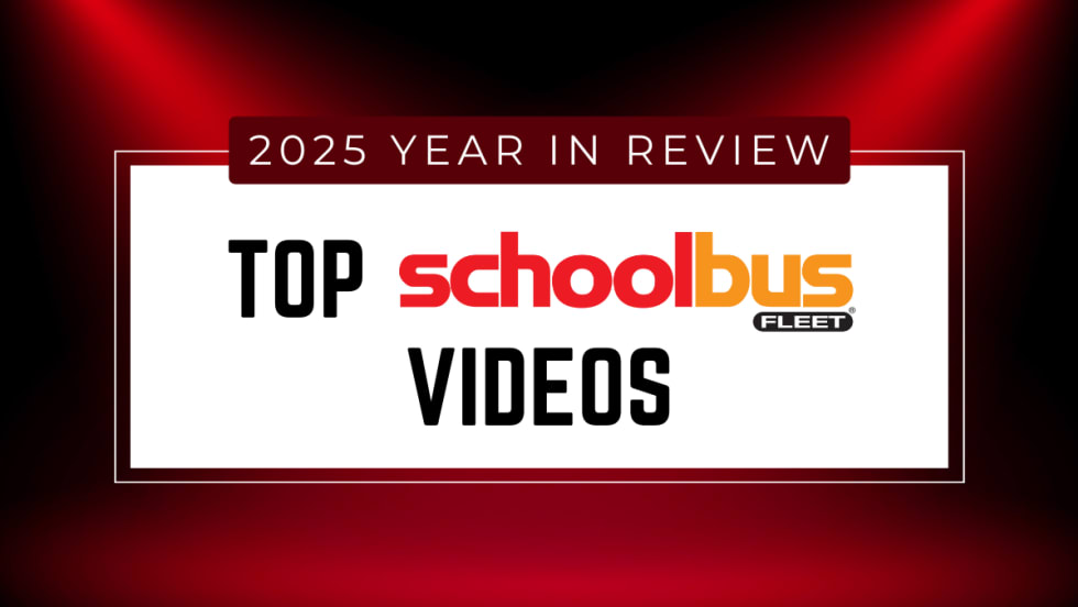 Red and white graphic with text reading "2025 Year in Review: Top School Bus Fleet Videos."
