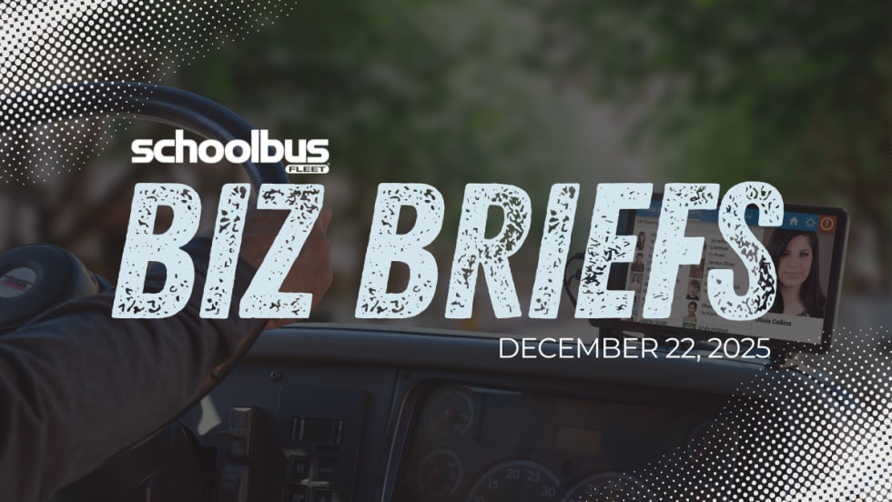 Image of a bus dashboard with text reading "Biz Briefs."