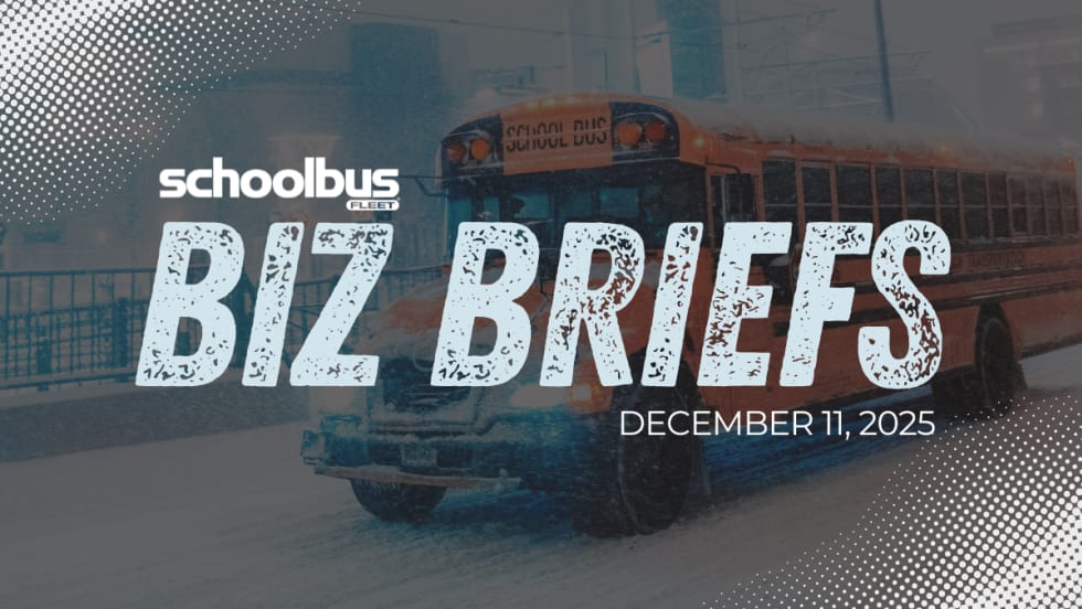Image of a bus driving in snowy conditions with text reading "Biz Briefs."