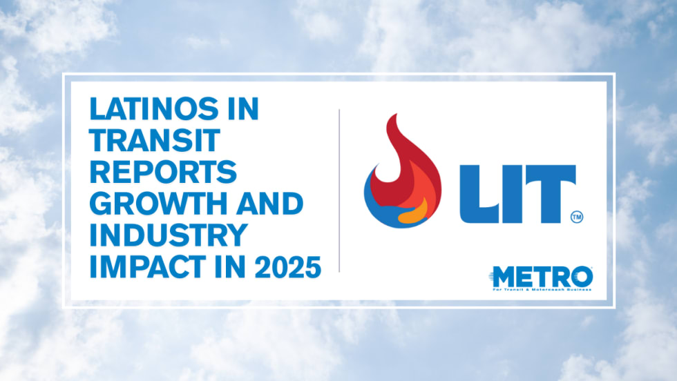 A blue and white graphic with the LIT logo and text reading "Latinos in Transit Reports Growth and Industry Impact in 2025."