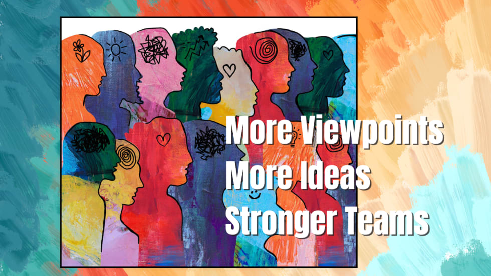 Colorful abstract heads with different scribbles inside illustrate diversity of thought