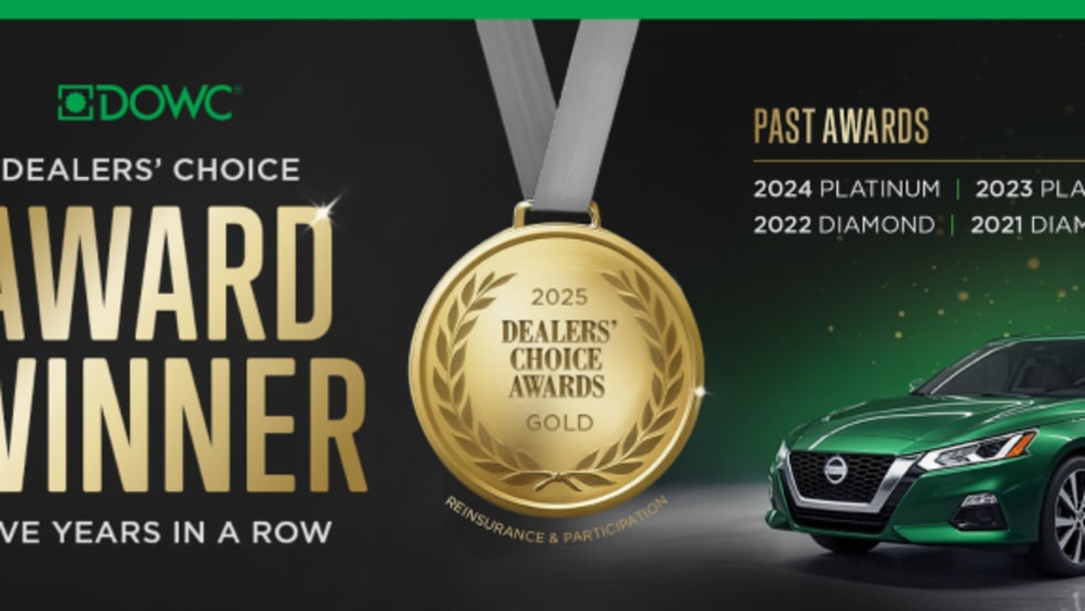 Graphic showing DOWC as a 2025 Dealers’ Choice Award winner in Reinsurance & Participation with a gold medal design, a green car, and text noting five years in a row and past awards from 2021–2024.