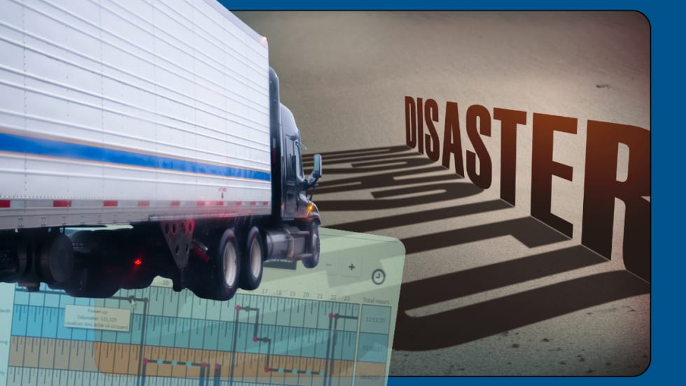 Illustration with truck, driver hours of service logs, and the word disaster
