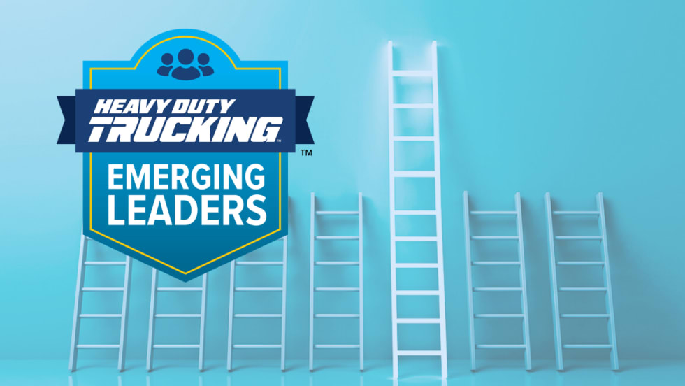 Image showing a row of ladders with one reaching higher than the others, with an HDT Emerging Leaders logo