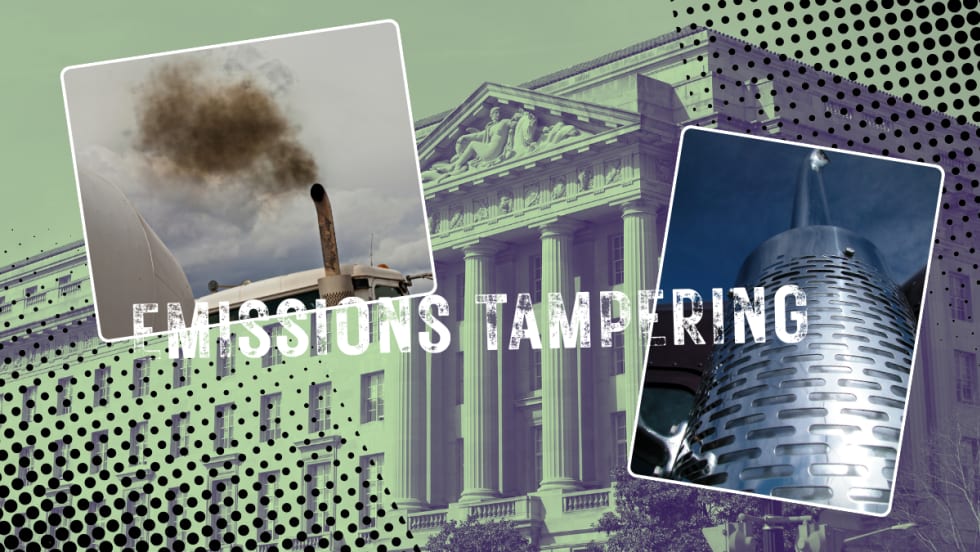Illustration of Department of Justice building superimposed by truck exhaust stacks