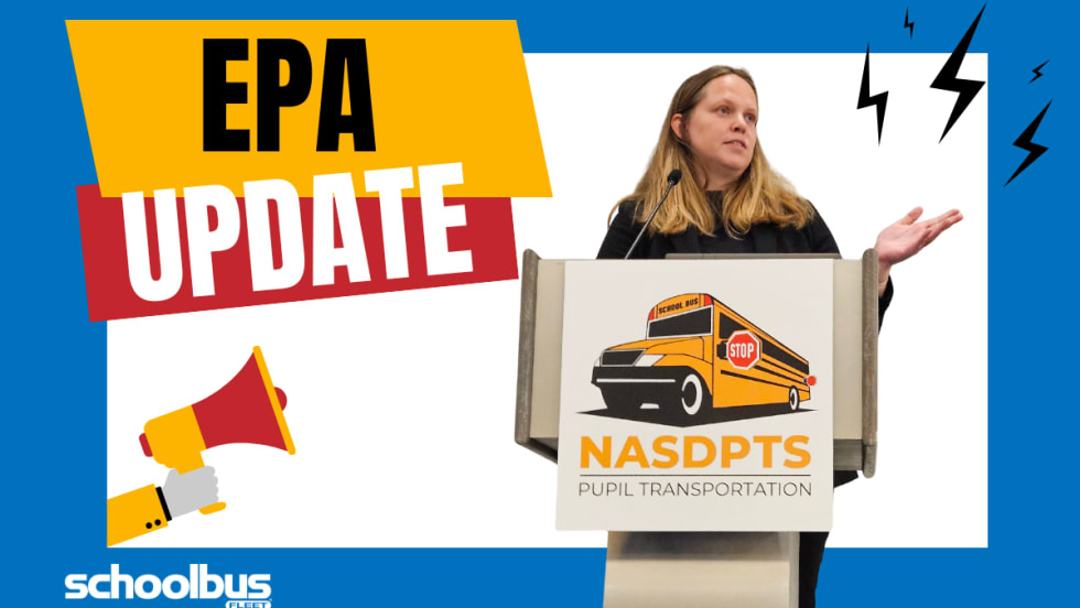 Christine Koester from the EPA speaks at a podium with the NASDPTS logo during a conference. A bold graphic reads “EPA Update” with megaphone and lightning bolt icons around her.