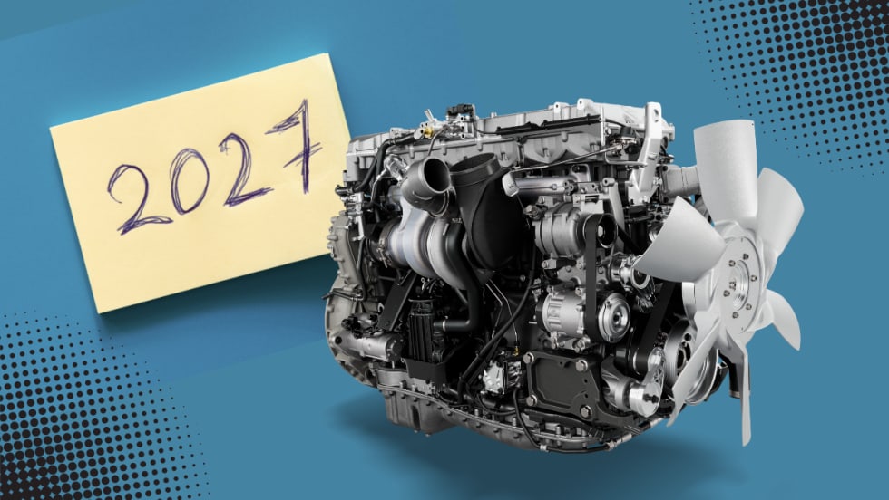 Illustration with 2027 sticky note and International S13 engine