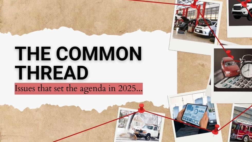 An image showing polaroids with fleet images, such as vehicles and mechanics, with a red thread tying them all together. 