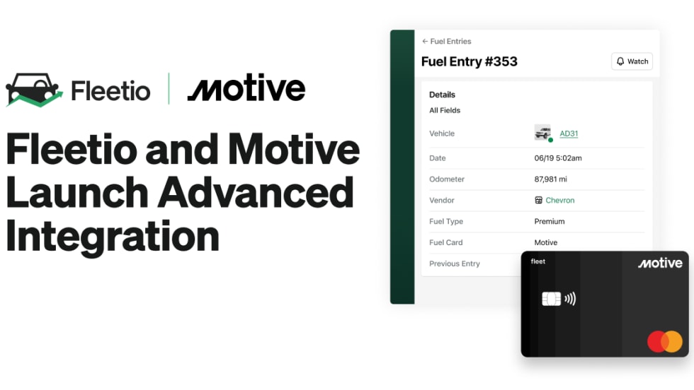 Promotional graphic announcing Fleetio and Motive’s advanced integration. The image shows both company logos, text that reads ‘Fleetio and Motive Launch Advanced Integration.'