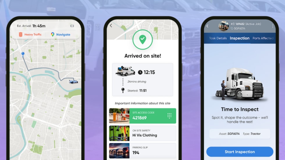 Mobile phone screens showing FleetIQ interface