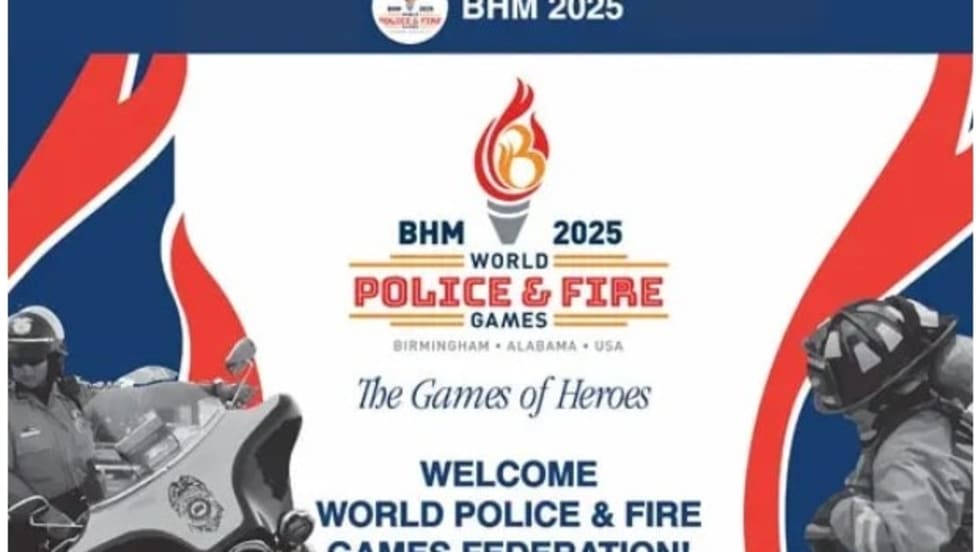 BHM 2025 World Police & Fire Games logo with flame symbol