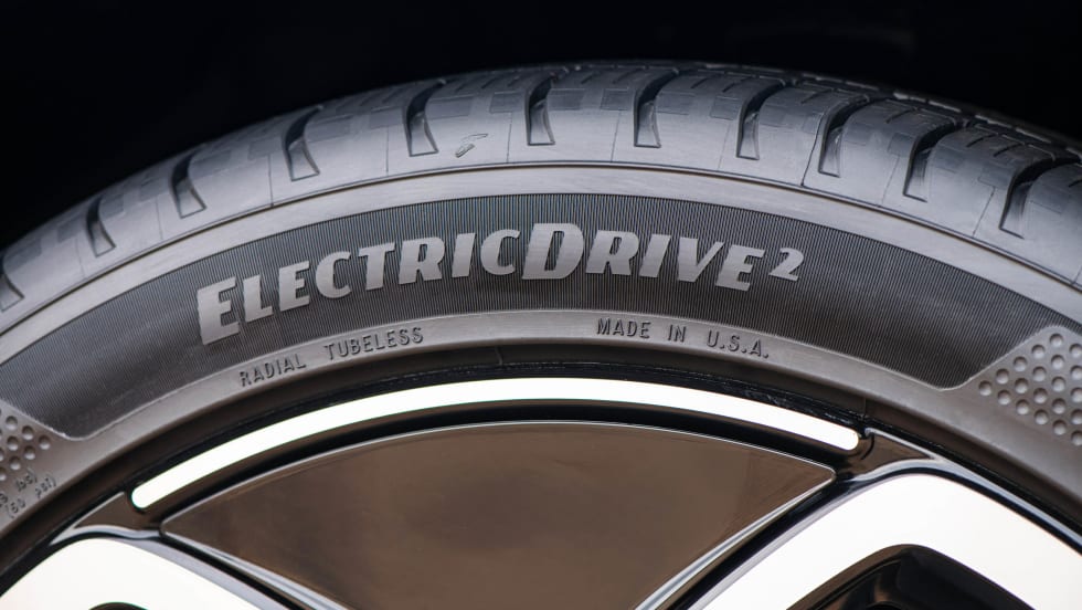 A close-up of Goodyear's newest tire offering for EVs has the words ElectricDrive 2 on the outside of the tire.