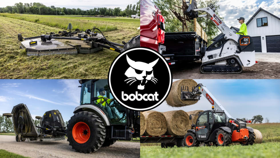 Collage of Bobcat equipment using multiple attachments across agricultural and jobsite settings.