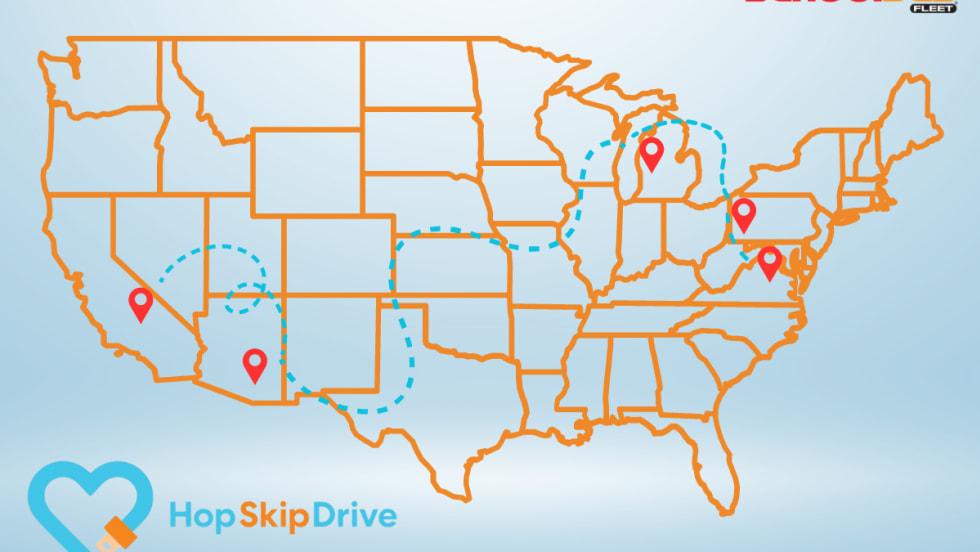A map of the contiguous U.S. shows five pinpoints representing the five new markets HopSkipDrive will serve, connected by blue dashes.