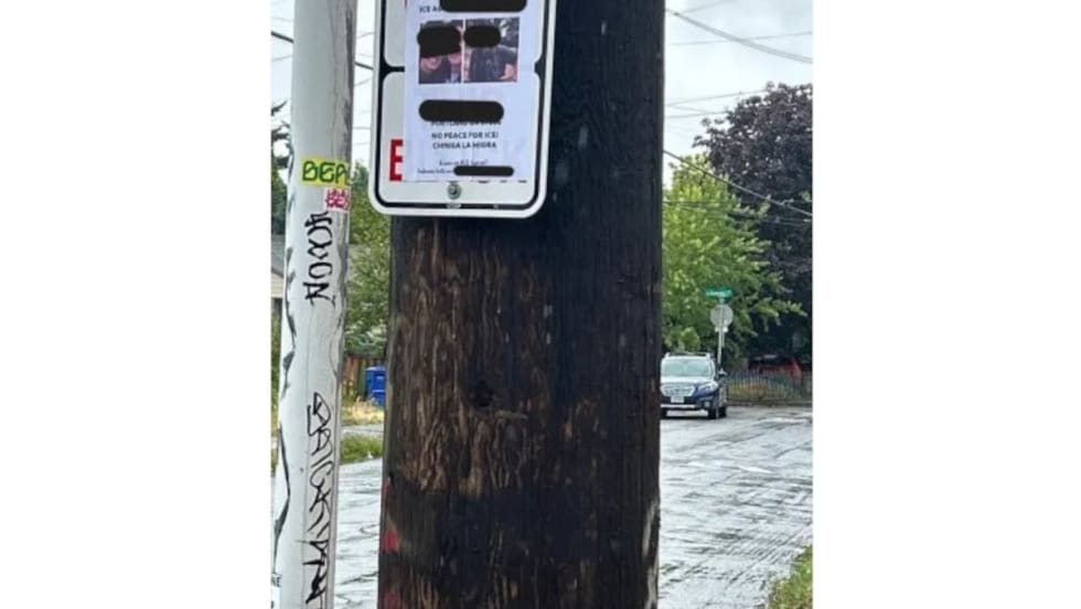 Wooden utility pole with street sign, wet pavement, and trees in background