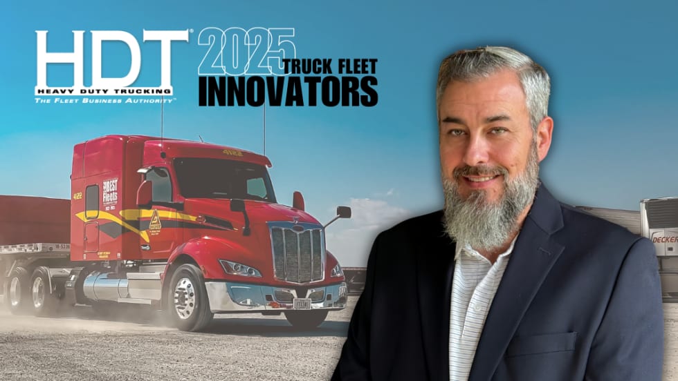 Illustration of HDT Truck Fleet Innovator Brent Ellis with a Decker truck in the background.
