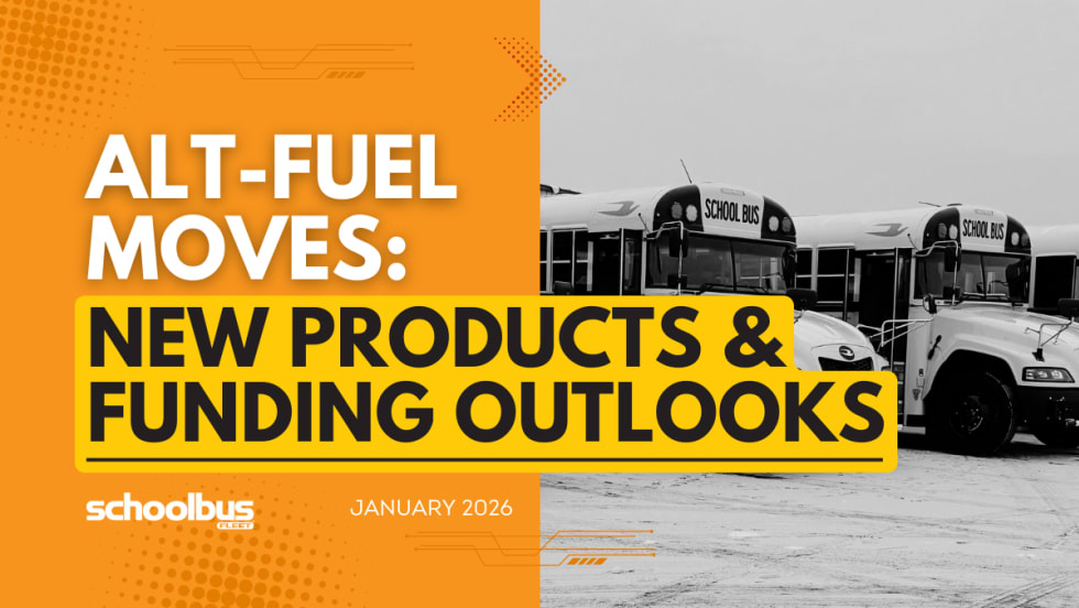 An orgnge, white, and black graphic with a black and white image ofpropane school buses.