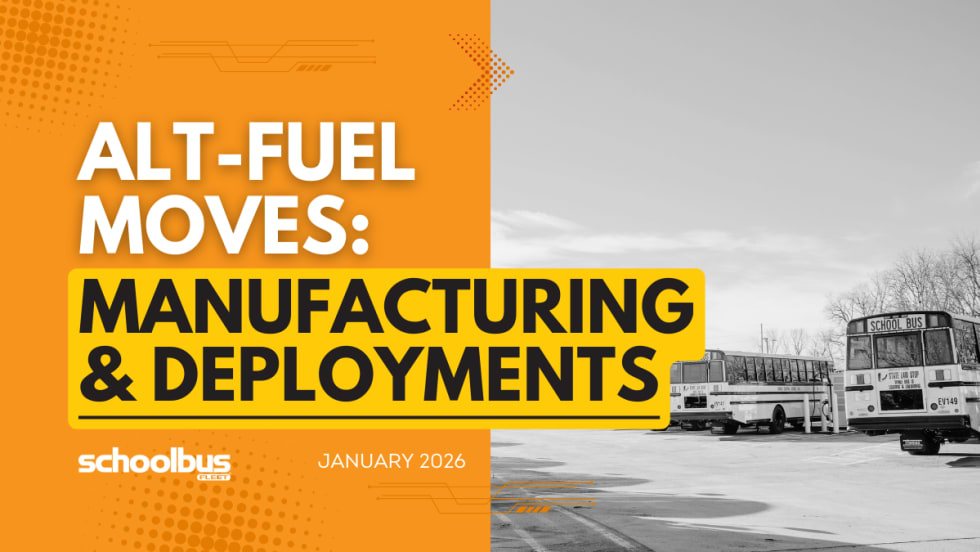 An orgnge, white, and black graphic with a black and white image of electric school buses.