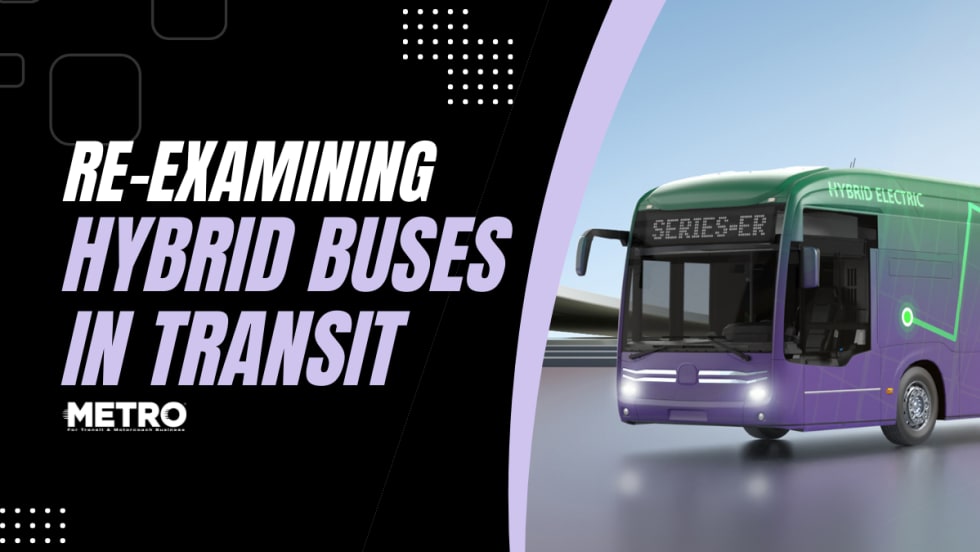 A black, white, and light purple graphic with an image of a BAE Systems hybrid electric bus and text reading "Re-Examining Hybrid Buses in Transit."