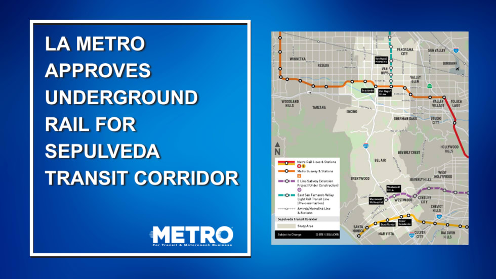 A blue and white graphic with a map of the proposed study area for the Sepulveda Transit Corridor and text reading "LA Metro Approves Underground Rail for Sepulveda Transit Corridor."