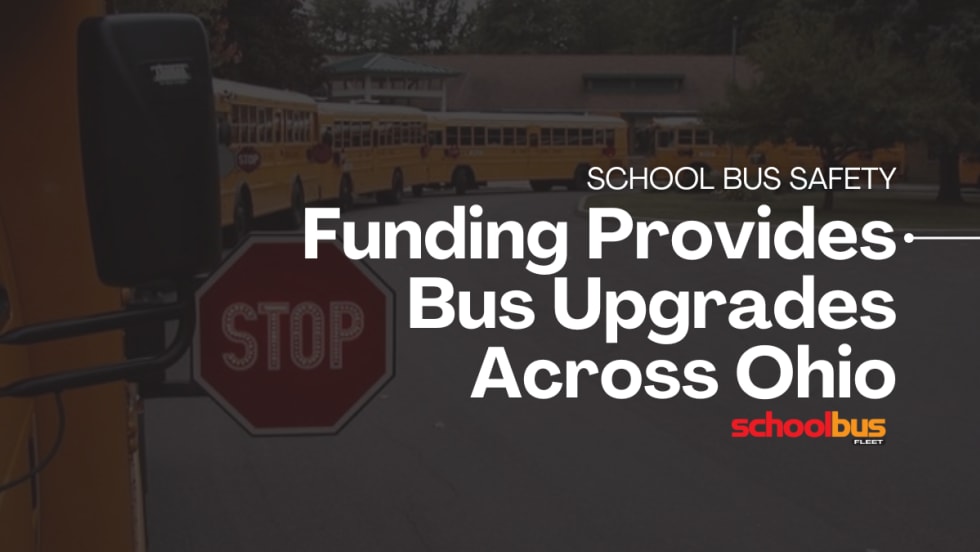 Image of an extended stop-arm with text reading "School Bus Safety: Funding Provides Bus Upgrades Across Ohio."