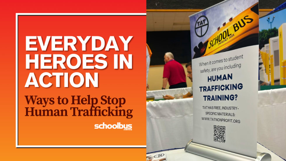 An orange and red graphic with a photo of a TAT School Transportation Poster.