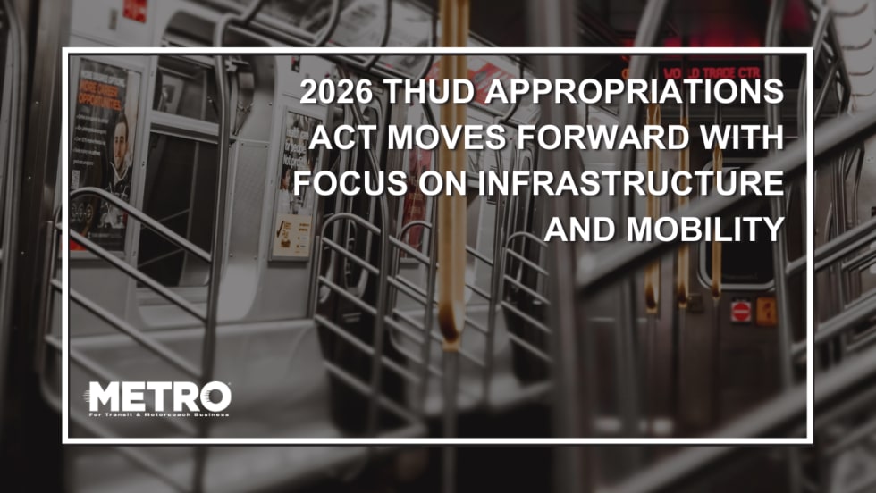 Inside of an empty subway care with text reading "2026 THUD Appropriations Act Moves Forward with Focus on Infrastructure and Mobility."